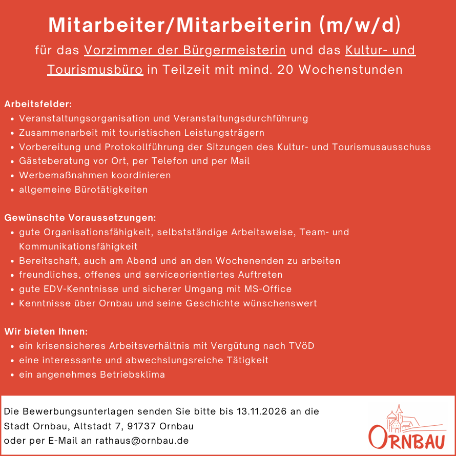 Stellenausschreibung Vorzimmer - Kultur- und Tourismusbüro Ornbau