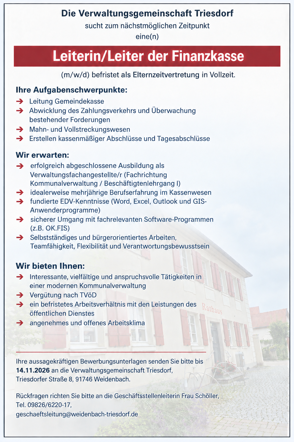 Stellenausschreibung Leiterin/Leiter der Finanzkasse