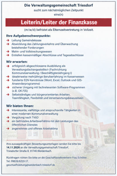 Stellenausschreibung Leiterin/Leiter der Finanzkasse