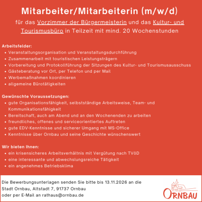 Stellenausschreibung Vorzimmer - Kultur- und Tourismusbüro Ornbau